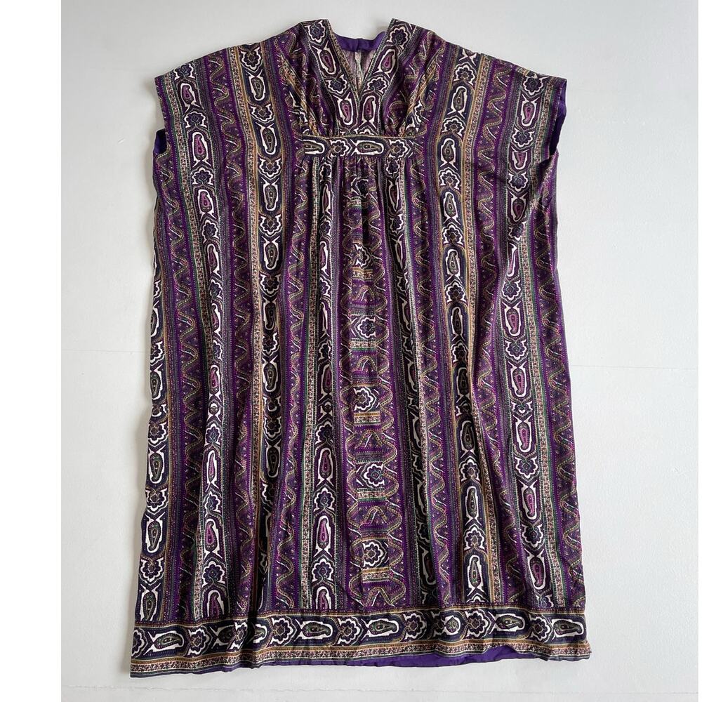 Vtg 70s Psychedelic Purple Paisley Kaftan Maxi Dress / L/XL / Boho Hippie Retro